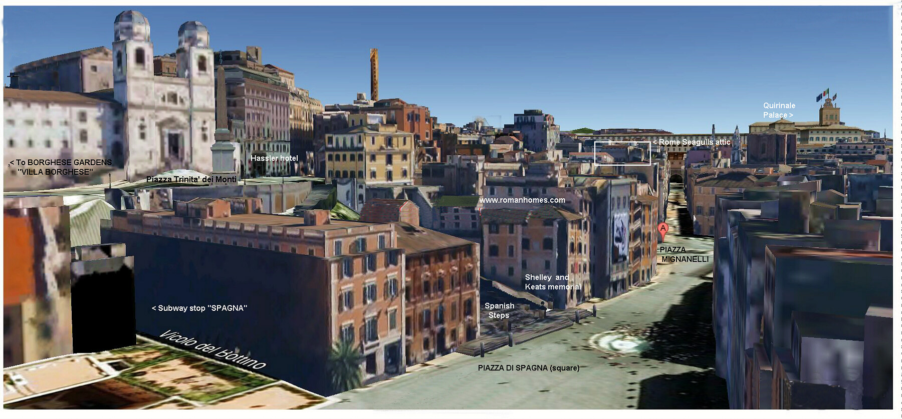3D AREA MAP of the Spanish Steps Rome Seagull attic two bedrooms terrace with stunning views